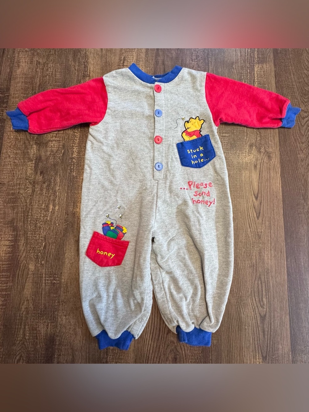 vintage 1990s Disney Store Winnie the Pooh baby romper jumpsuit.